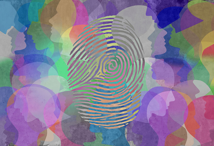 Social identity abstract diversity design as a fingerprint and population symbol for personal identification and security in a 3D illustration style.