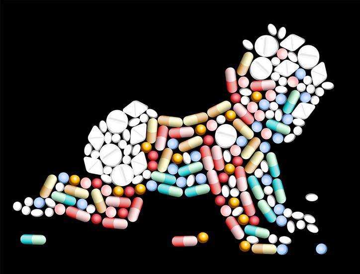 Illustration of a shape of a baby crawling made out of various types of pills, on a black background