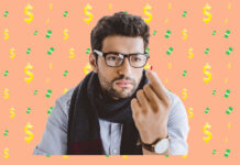 The Culture Is the Poison: Why Psychedelics Are Dangerous Medicine in a Neoliberal Society Man with glasses and scarf looks at a small red pill. Behind him is a pattern of money symbols.