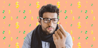 The Culture Is the Poison: Why Psychedelics Are Dangerous Medicine in a Neoliberal Society Man with glasses and scarf looks at a small red pill. Behind him is a pattern of money symbols.