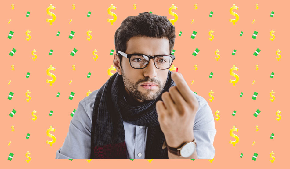 Man with glasses and scarf looks at a small red pill. Behind him is a pattern of money symbols.