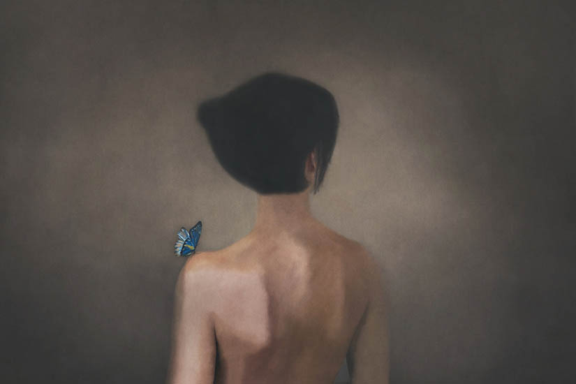 Illustration of a naked person's back with a blue butterfly perched on their shoulder