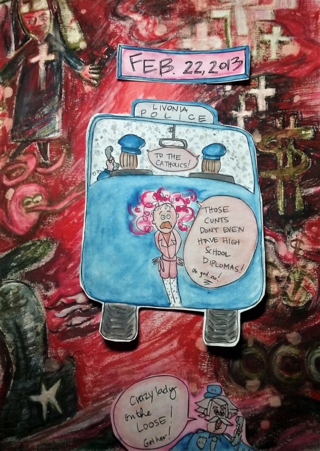 Police car on top of red background, with "crazy lady" in middle and text "to the catholics!"