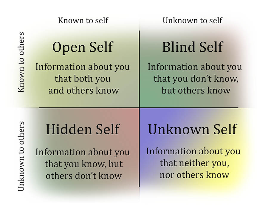 A text-based graph that depicts Johari's window: the open self, blind self, hidden self, and unknown self.