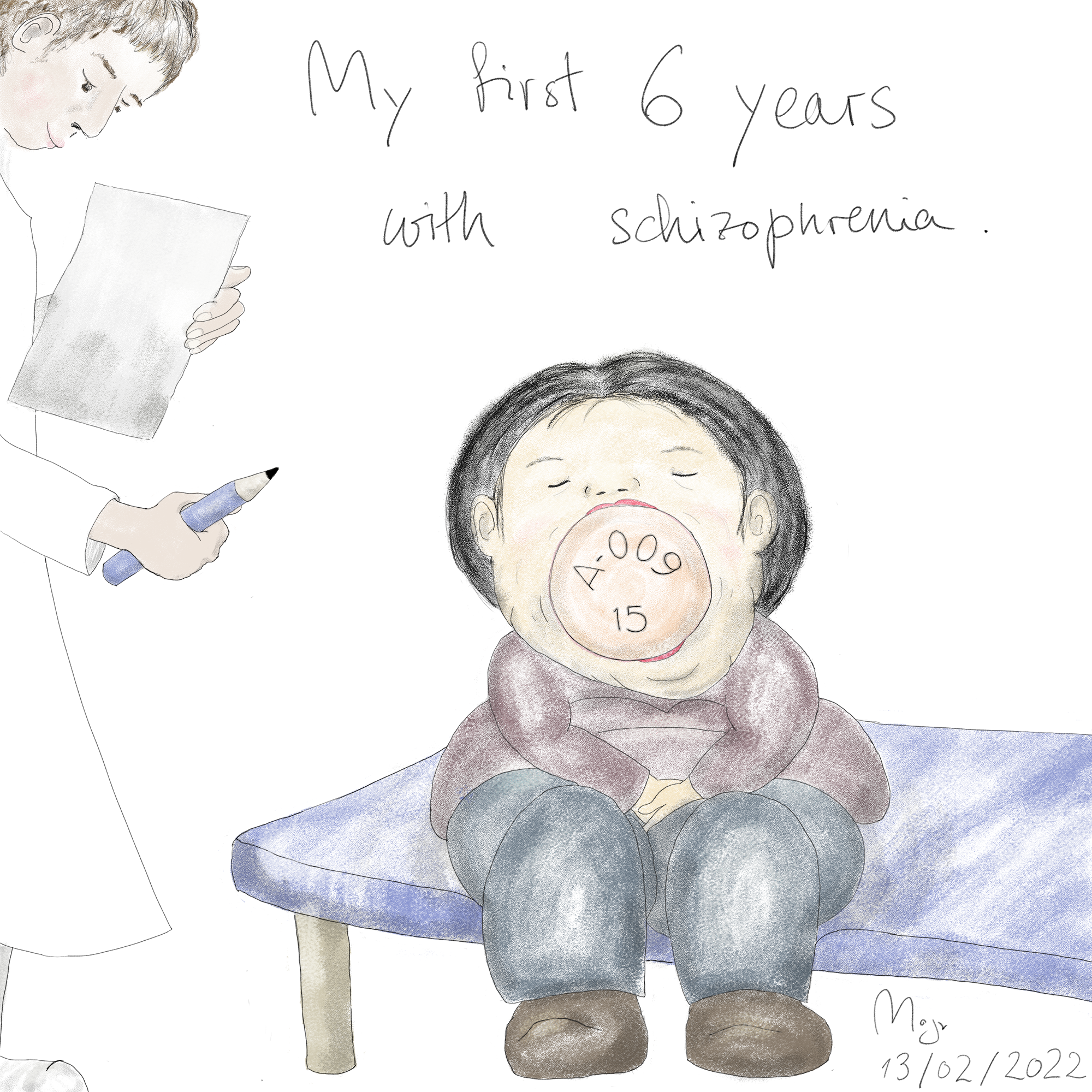 Person sitting with pill in mouth, with words "my first 6 years with schizophrenia"