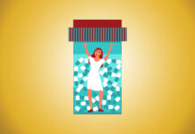 Why Detox Facilities and Psych Wards Are Not the Place to Come Off Psychiatric Drugs An illustration of a woman in a white dress, trapped inside a bottle full of blue and white pill capsules, against a gold background.