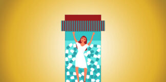 Why Detox Facilities and Psych Wards Are Not the Place to Come Off Psychiatric Drugs An illustration of a woman in a white dress, trapped inside a bottle full of blue and white pill capsules, against a gold background.