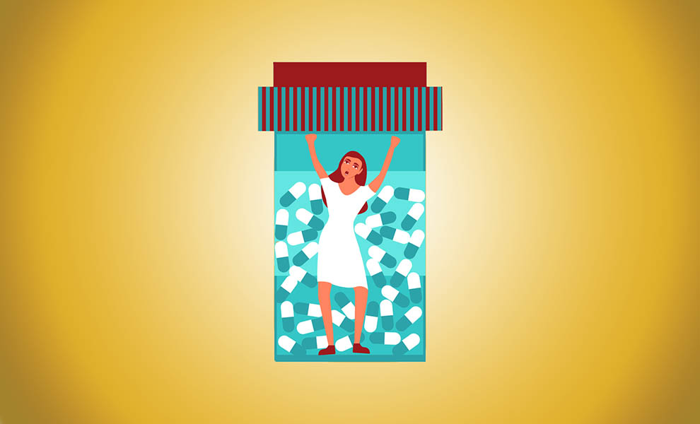 An illustration of a woman in a white dress, trapped inside a bottle full of blue and white pill capsules, against a gold background.