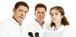The Spravato Controversy: A Row Over the Drug’s Efficacy Compels a Reassessment of its Approval Perplexed, confused scientists looking at lab results. White background.