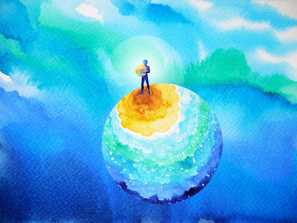 A colorful illustration in blues and greens depicting a figure standing atop a globe, holding an orange ball in their hands.