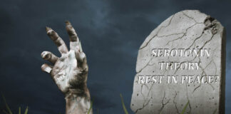 The Serotonin Zombie: Authors of New Study Try to Breathe New Life into the Dead A zombie hand bursts from a grave. On the headstone is written "Serotonin theory: Rest in peace?"