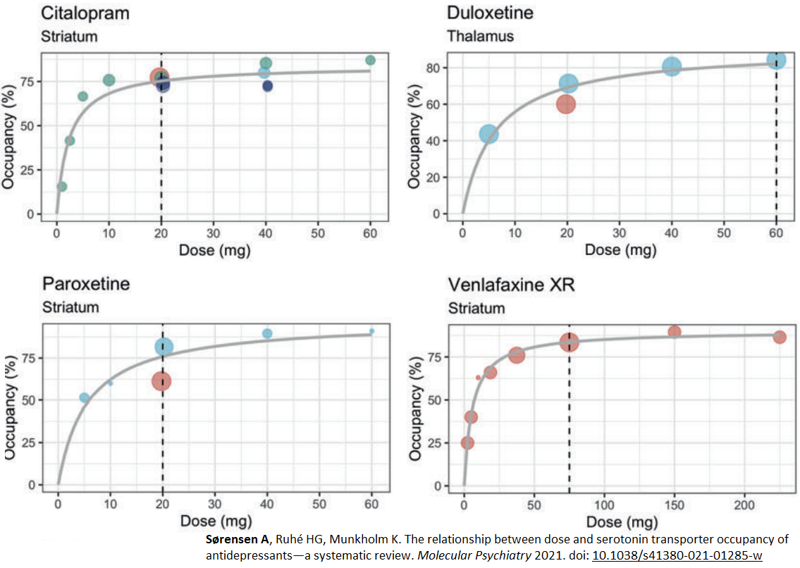 Charts showing serotonin transporter occupancy for Citalopram, Duloxetine, Paroxetine and Venlafaxine.
