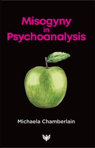 Cover art for "Misogyny in Psychoanalysis"; a green apple on a black background