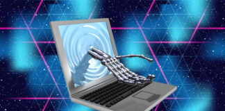 New App Aims to Predict Whether People with Psychosis Are Worth Hiring 3D illustration of a skeletal robot hand emerging from a laptop computer screen, against a background of purple and blue 80s style lasers.