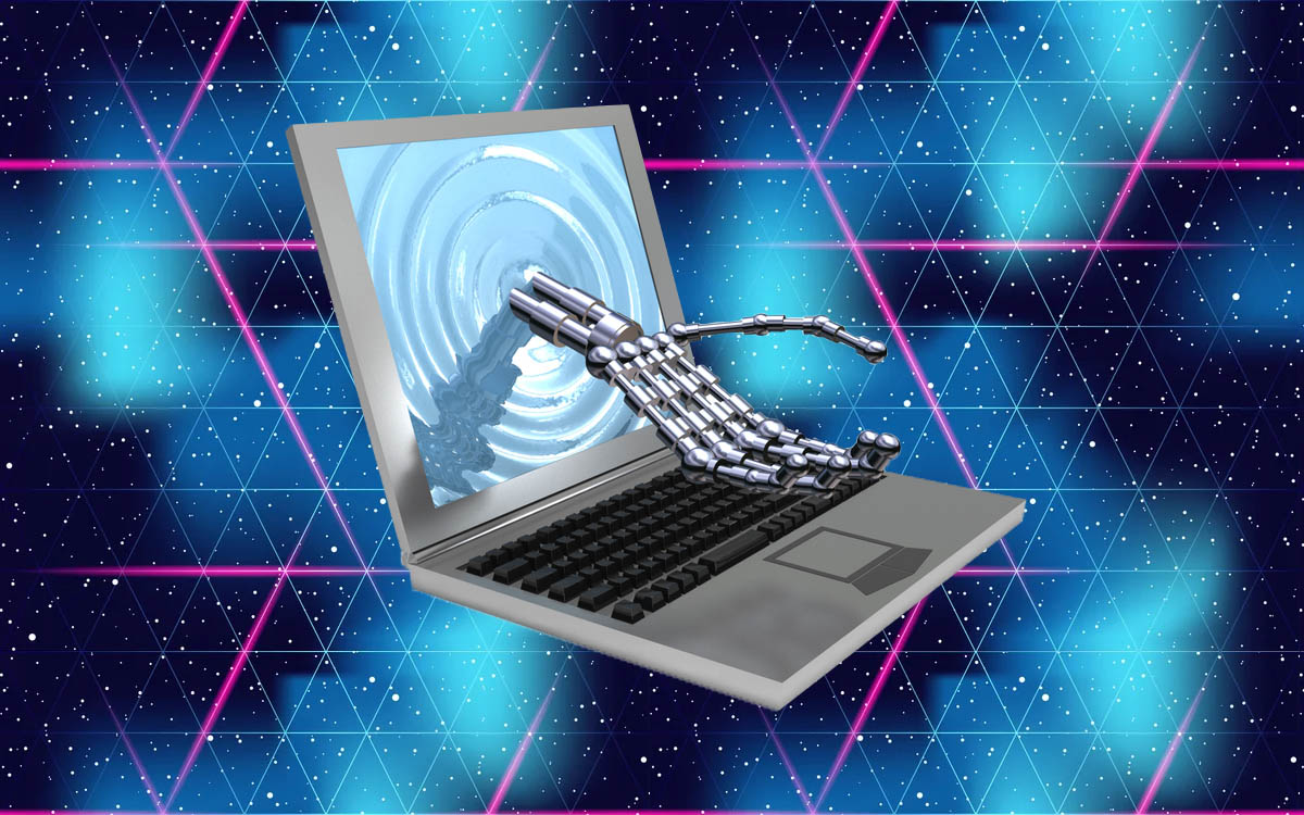 3D illustration of a skeletal robot hand emerging from a laptop computer screen, against a background of purple and blue 80s style lasers.