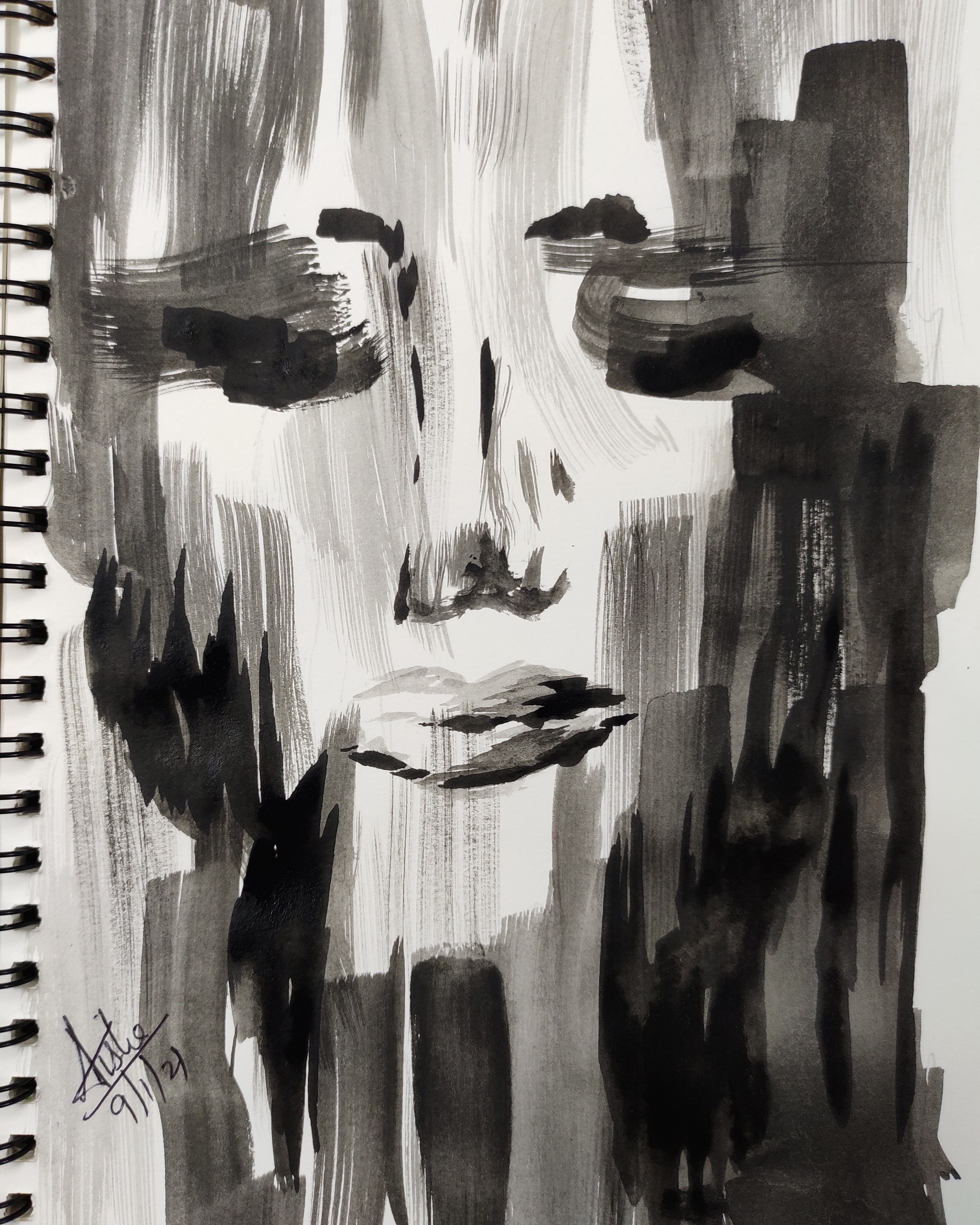 black and white face, in large strokes