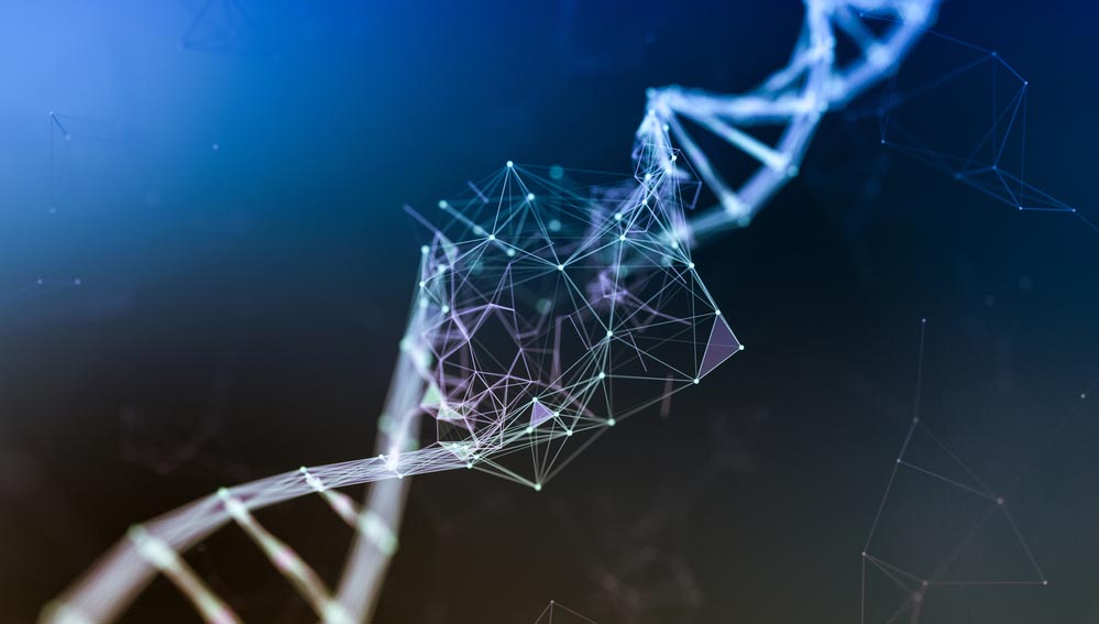 3D illustration of white DNA double helix against dark blue background. The center of the helix is erupting into a computer-network-like shape