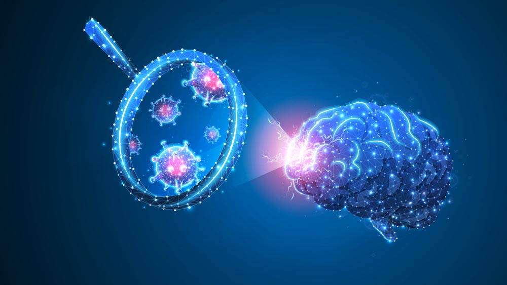 Illustration of a brain on a blue background. A magnifying glass shows viruses inside it.