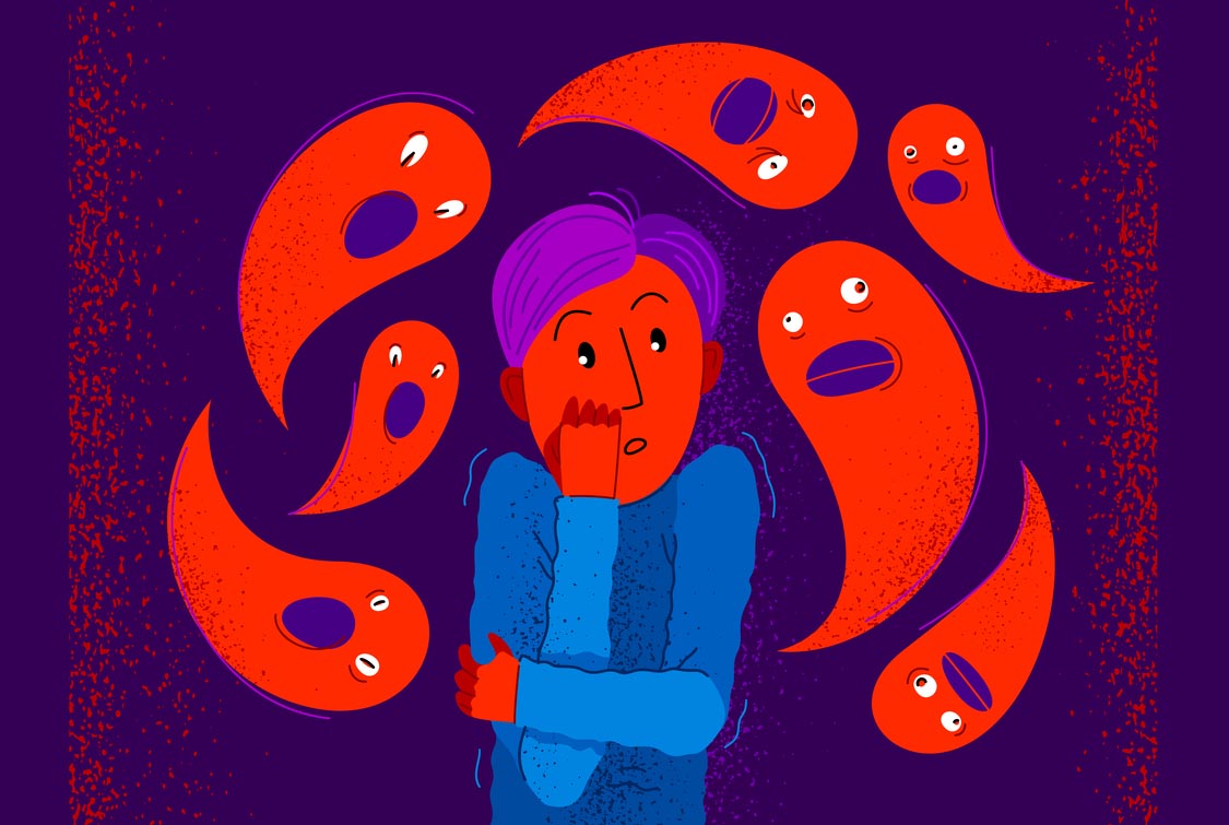 Illustration depicting orange person looking frightened with orange ghosts swirling around them