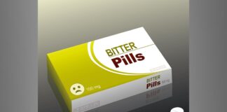 Number Needed to Treat with a Psychiatric Drug to Benefit One Patient Is an Illusion Illustration of a box labeled "BITTER Pills" with some small capsules beside it