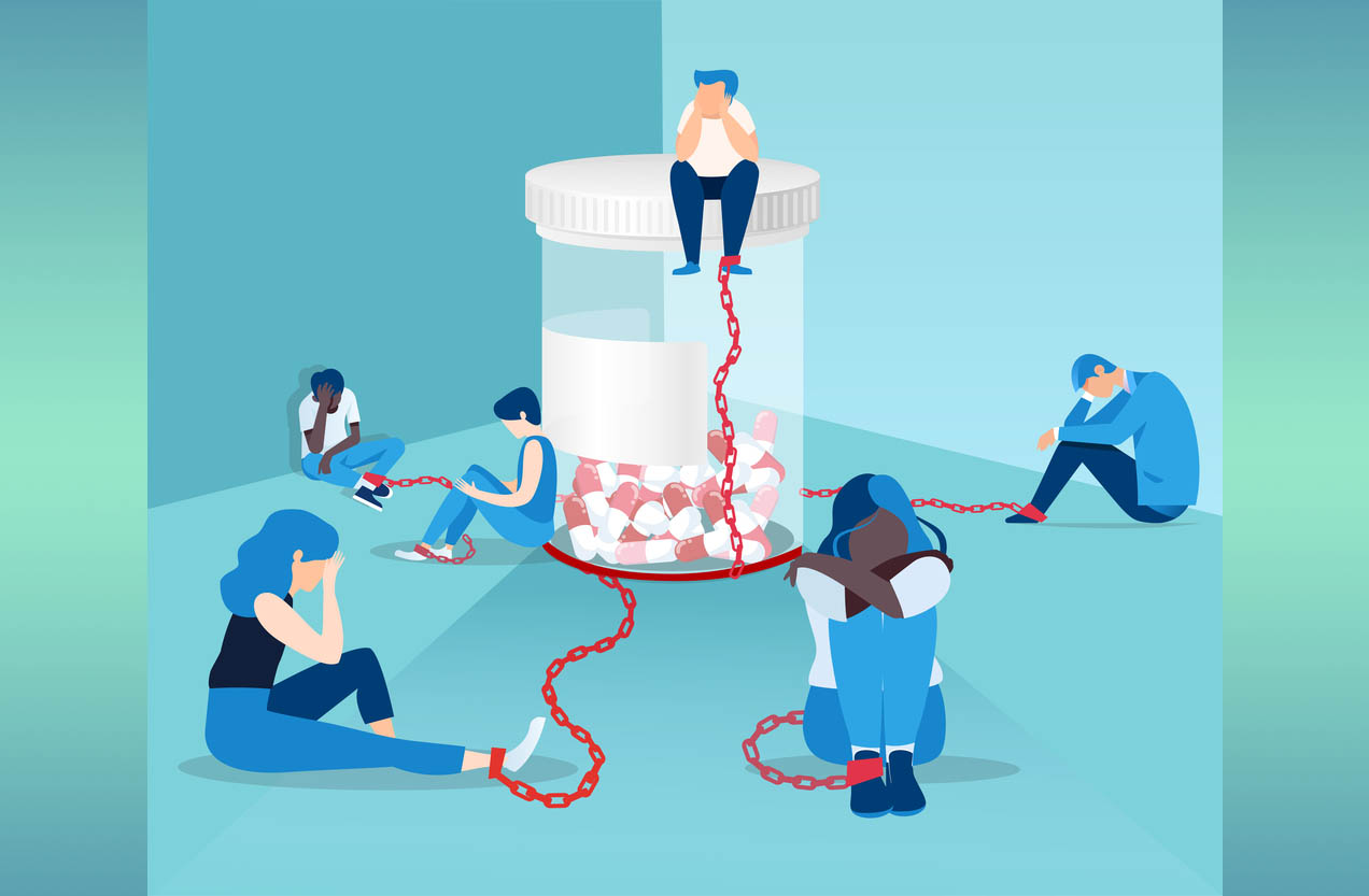 Vector-style illustration depicting men and women chained to a giant pill bottle