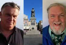 Allies for Human Rights in Mental Health: Psychiatric Survivor David W. Oaks Interviews WHO Psychiatrist Benedetto Saraceno Three photos: Saraceno on the left, the statue of Giordano Bruno in the middle, and Oaks on the right.