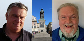 Three photos: Saraceno on the left, the statue of Giordano Bruno in the middle, and Oaks on the right.