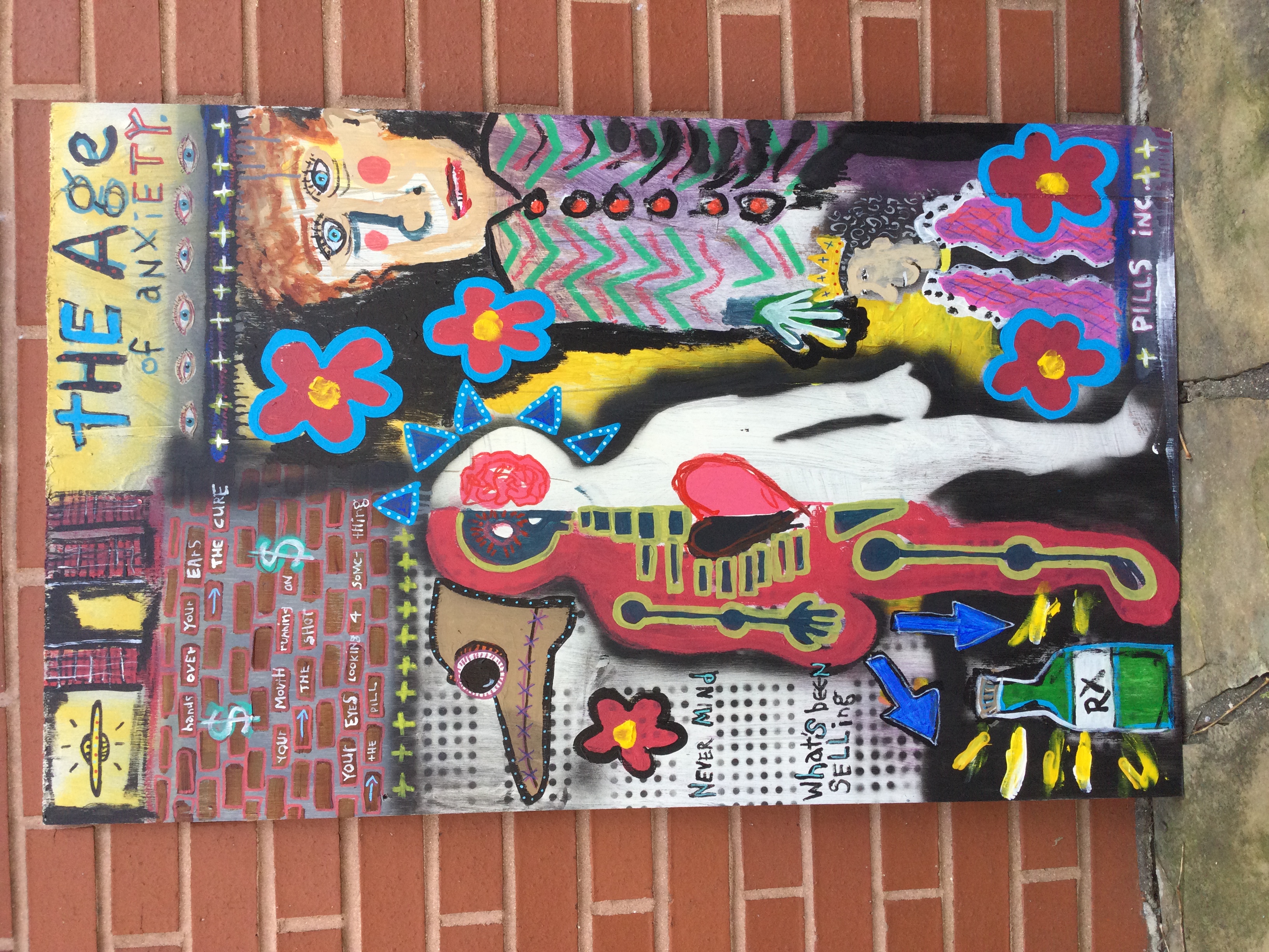 Collage painting with words "age of anxiety"