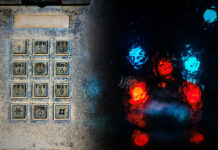 “You Can’t Coerce Someone into Wanting to Be Alive”: The Carceral Heart of the 988 Lifeline A pay phone keypad on the left, looking old and decayed, and blurry red and blue lights as if seen through a rain-slick windshield on the right.