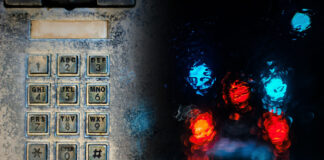 “You Can’t Coerce Someone into Wanting to Be Alive”: The Carceral Heart of the 988 Lifeline A pay phone keypad on the left, looking old and decayed, and blurry red and blue lights as if seen through a rain-slick windshield on the right.
