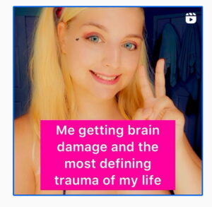 an image from Maggie Leppert's Instagram shows a blonde woman smiling andholding up two fingers. In a box at the bottom, it reads "Me getting brain damage and the most defining trauma of my life"