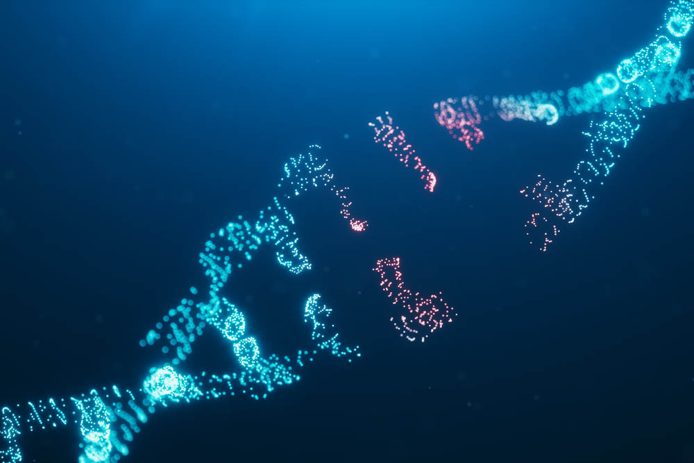 Illustration of dna strand unraveling, glowing bright blue against dark blue background