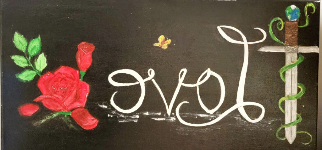 A painting depicting a dagger covered in vines on the right, a rose on the left, and the word "Love" in mirror writing in the middle.