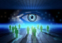 Your Mental Health Information Is for Sale Digital illustration of a giant eye looking over a field of human figures