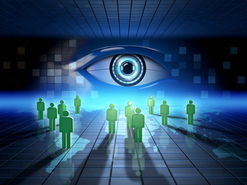 Digital illustration of a giant eye looking over a field of human figures