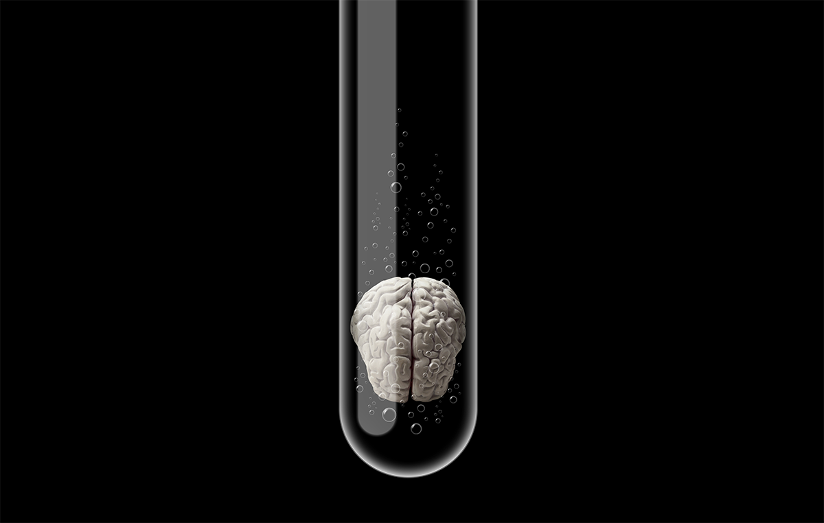 Illustration of a brain in a test tube against a black background