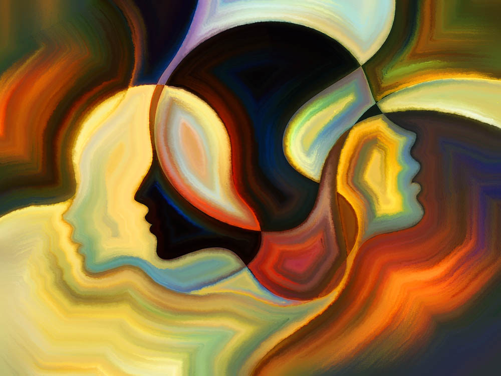 An abstract painting depicting heads in profile in various colors