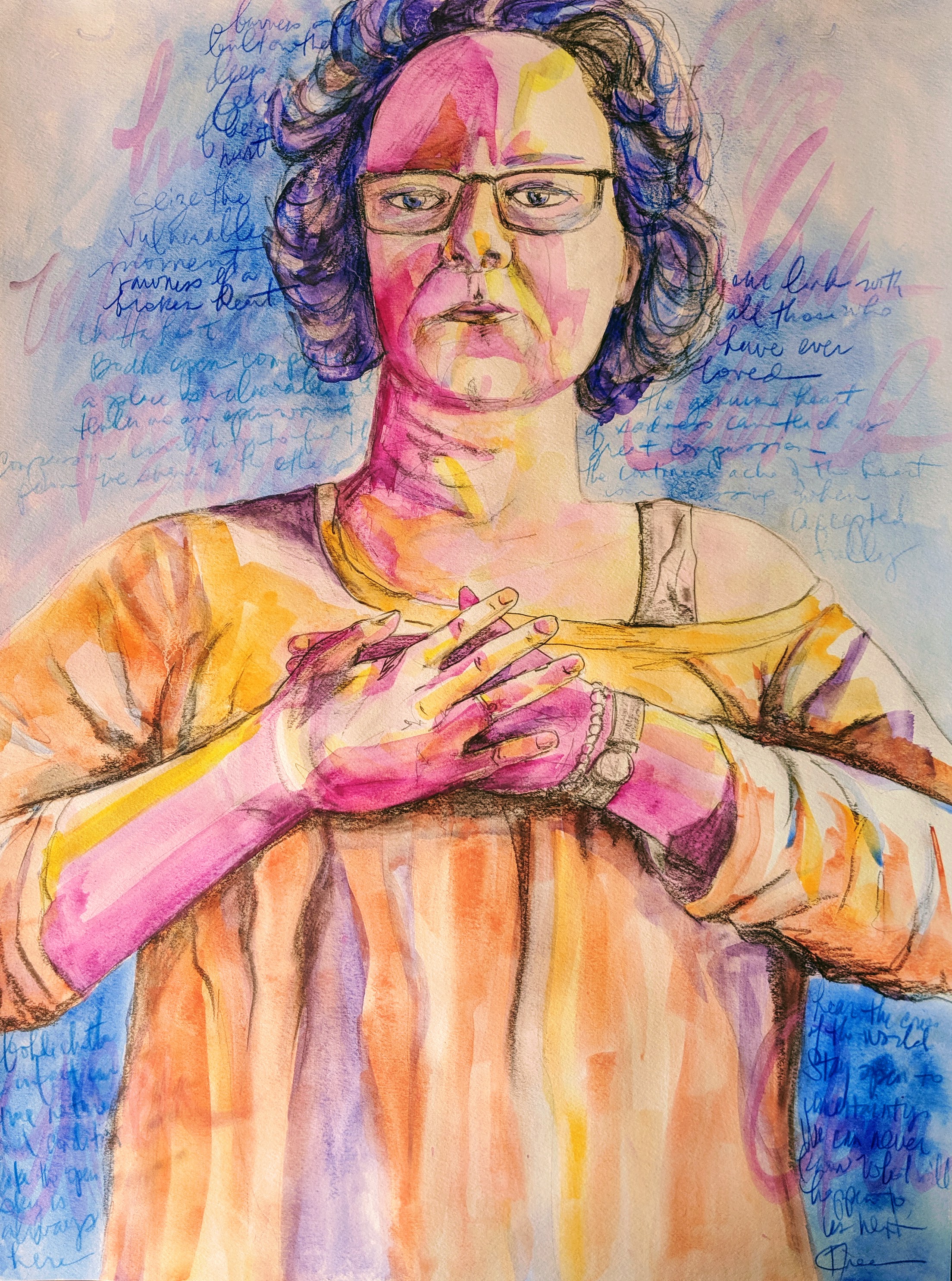 Person with glasses in primary colors, with hands on chest