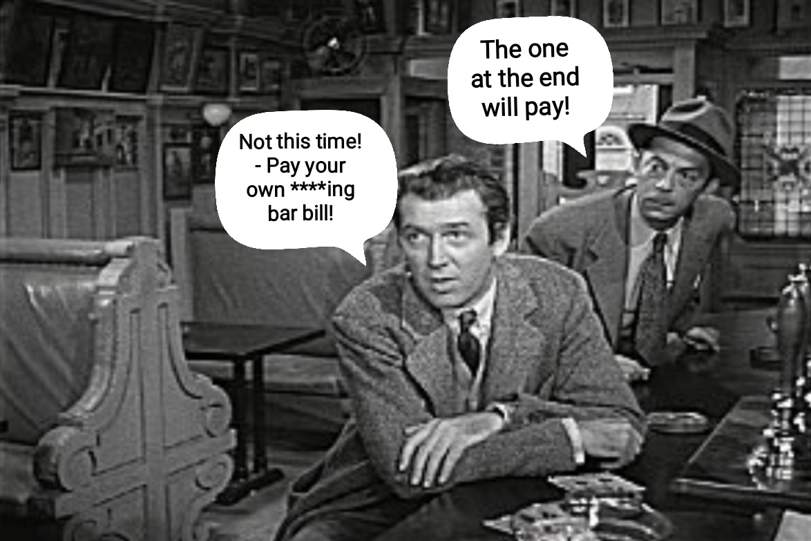 Black and white photo of two men with words "not this time!"