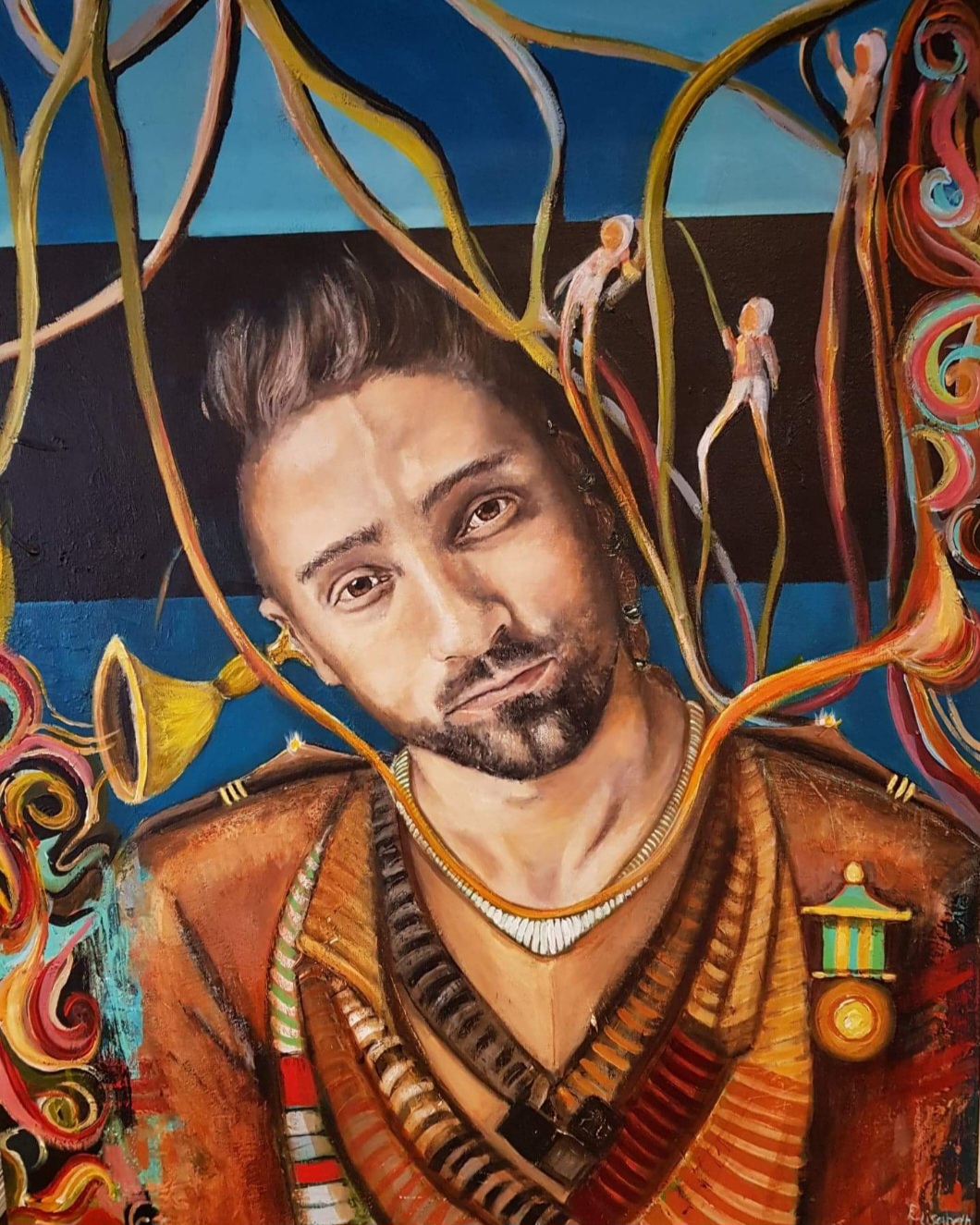 man with tilted head with trumpet in ear, acrylic