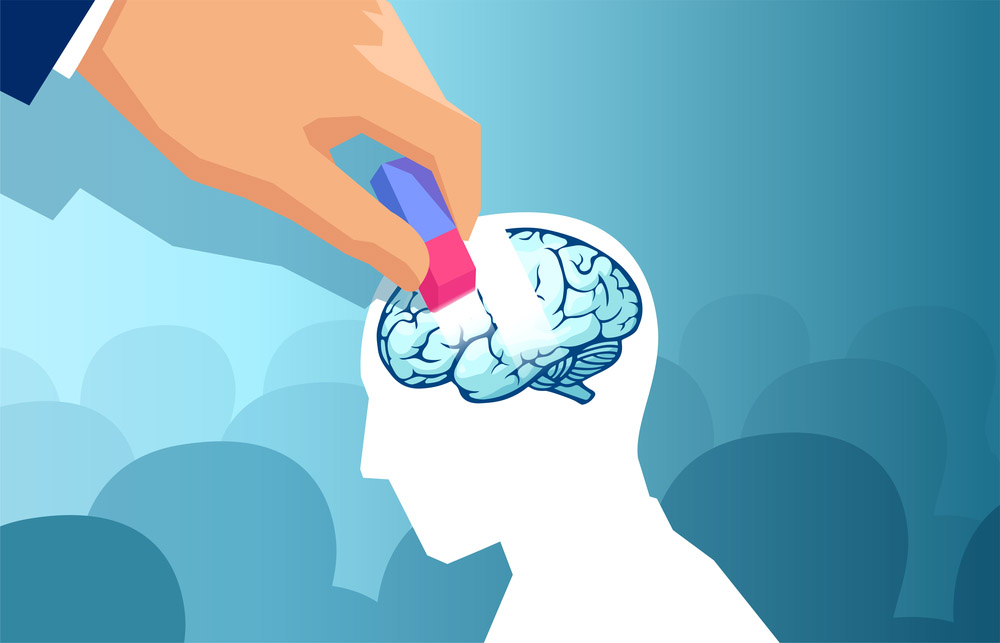 Illustration of a hand erasing part of a person's brain