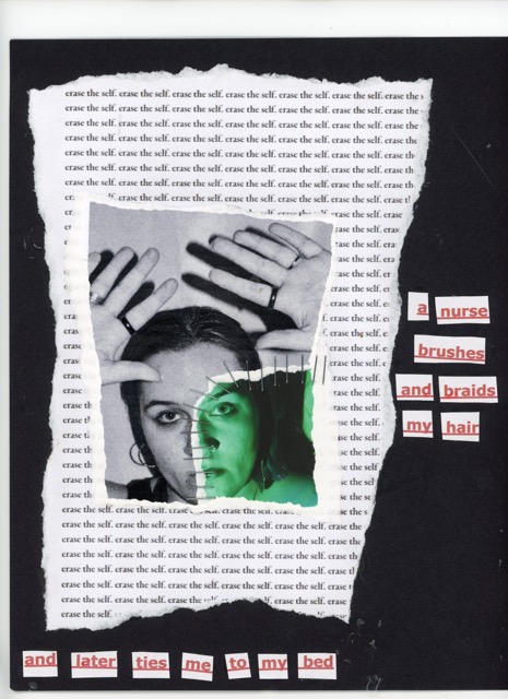 person with hands up, pasted on a black background with text "A nurse brushed and braids my hair and later ties me to my bed"