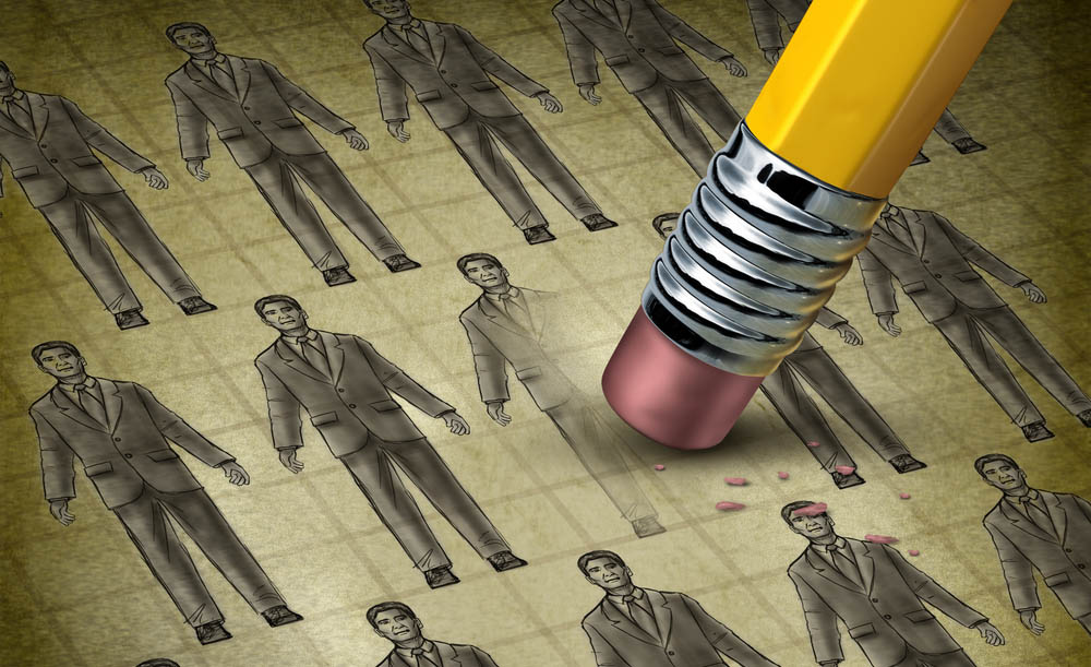 Illustration depicting a pencil eraser erasing a person from a row of businessmen in suits