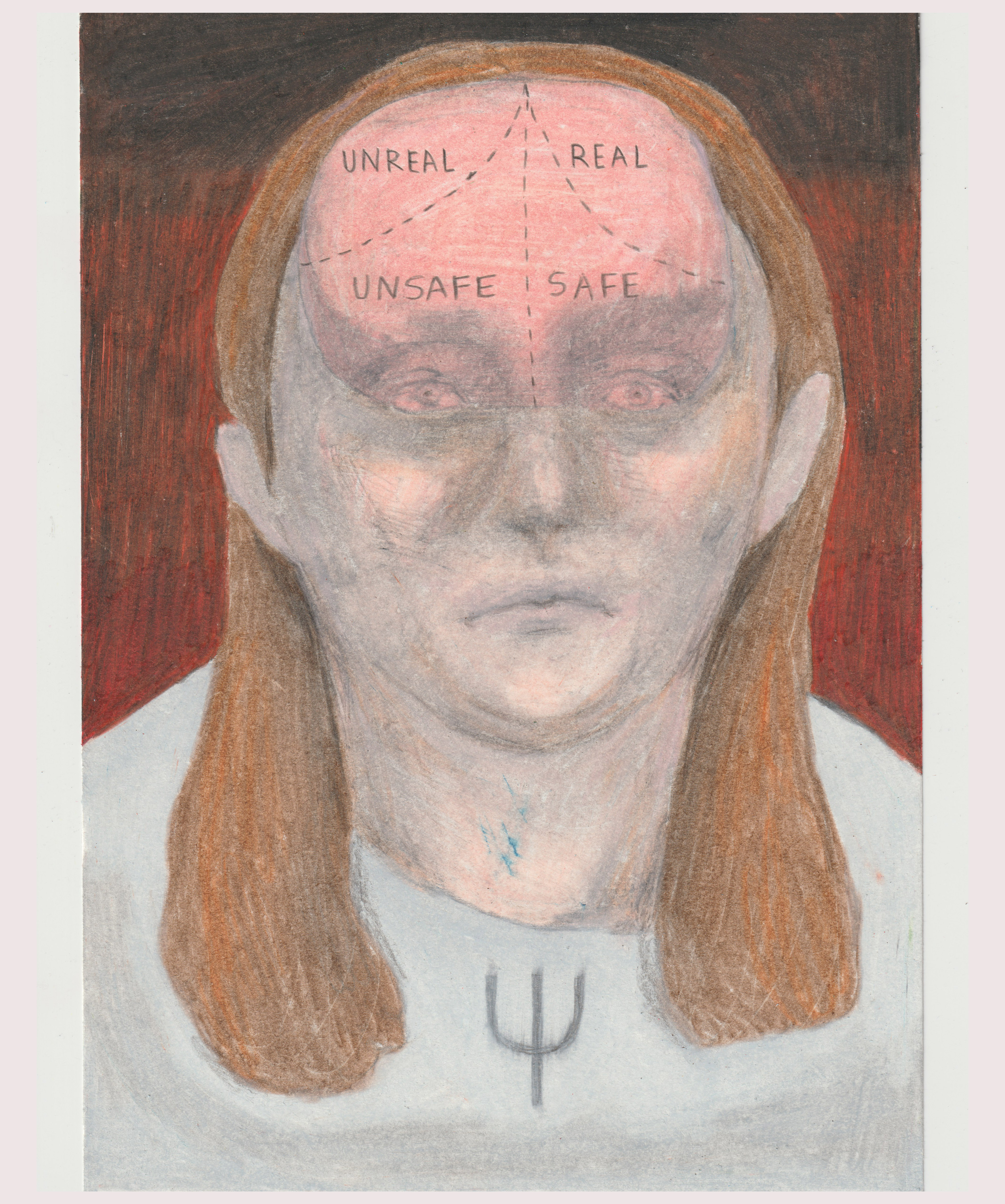 A colorful pencil drawing of a person with long red hair, overlaid on their head is a light red space divided into four parts "unreal/real, unsafe/safe". This person also has the sign for psychiatry on their shirt.