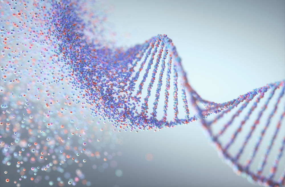 Illustration of DNA structure. At the top left it is dissolving into dots.