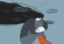 Splitting Complex Post-Traumatic Stress Disorder and Borderline Personality Disorder Vector style illustration of a woman hugging her knees with cloudlike scribbles on a blue-gray background