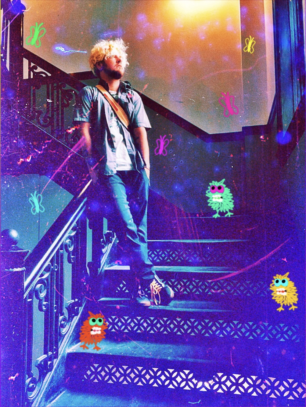 Photo of person on stairs with little multicolored creatures painted