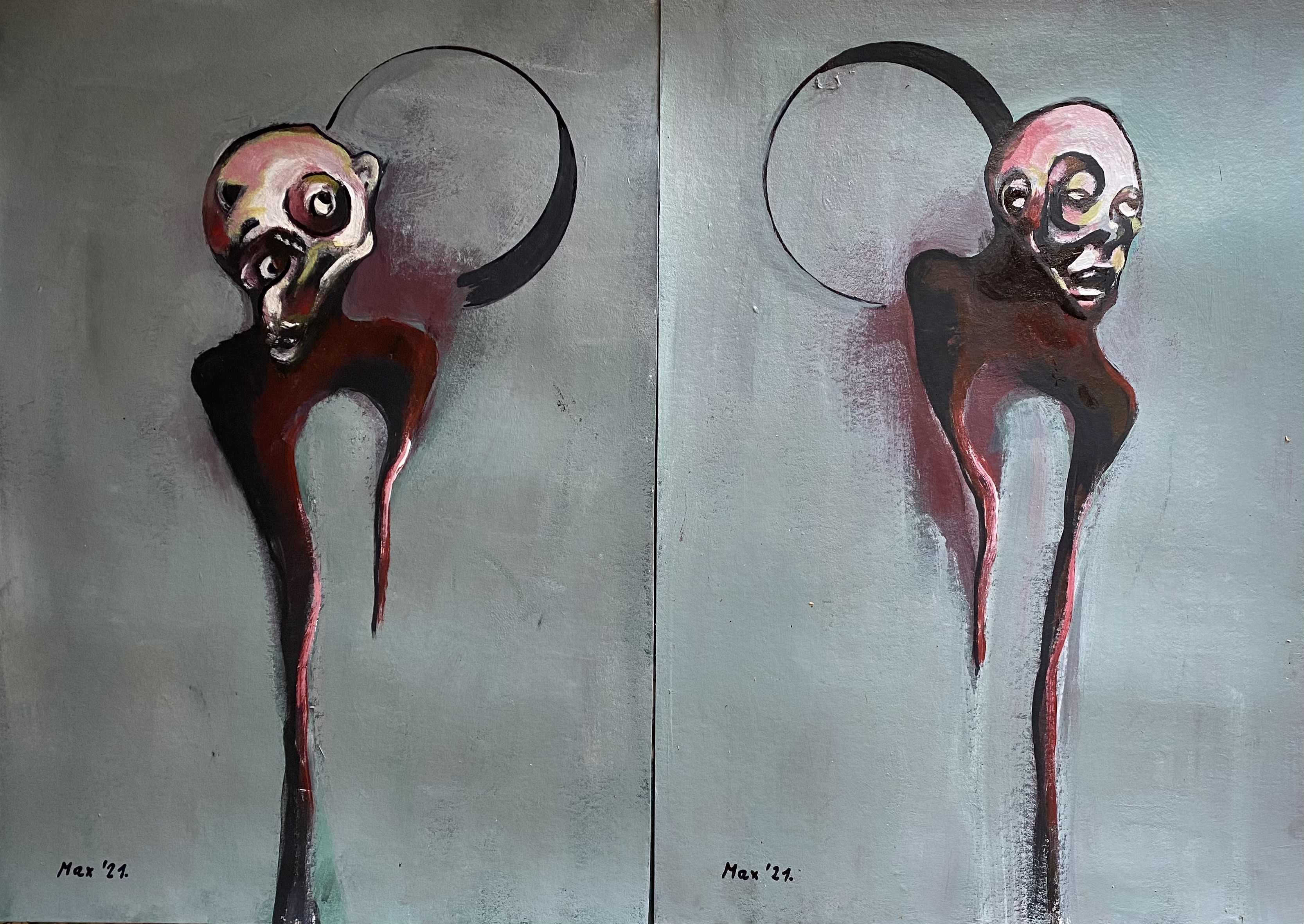 Two humunoid figures lacking a body in gray and red with half circles in background