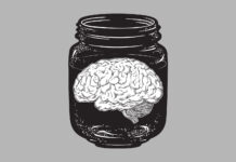 Causality in Mental Disturbance: A Review of the Neuroscience Human brain in glass jar isolated. Sticker, print or blackwork tattoo design hand drawn vector illustration.