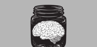 Causality in Mental Disturbance: A Review of the Neuroscience Human brain in glass jar isolated. Sticker, print or blackwork tattoo design hand drawn vector illustration.